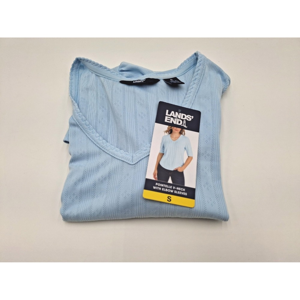 Lands' End Women's Pointelle Elbow Sleeve Top, Blue, Size: Small, New